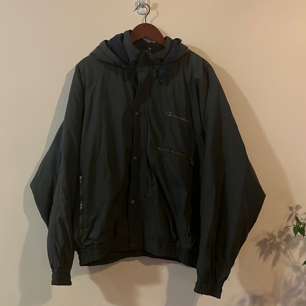 Champion Vintage Zip & Snap Hooded Jacket Green/Blue szL Spell out Retro Dad 90s